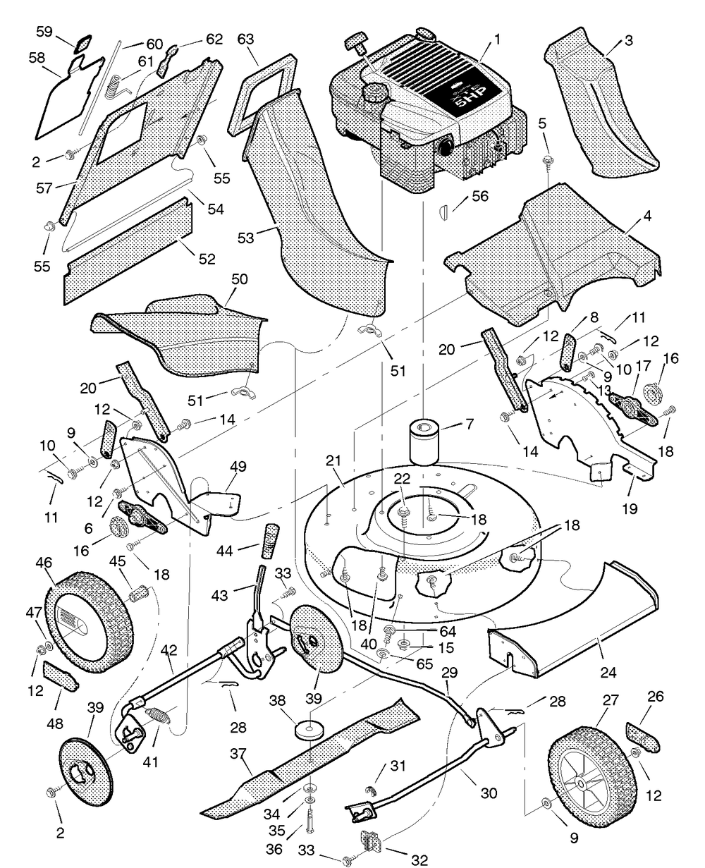 Mower Housing Assembly Diagram and Parts List for 22855X19E 1996 Briggs and Stratton Lawn Mower